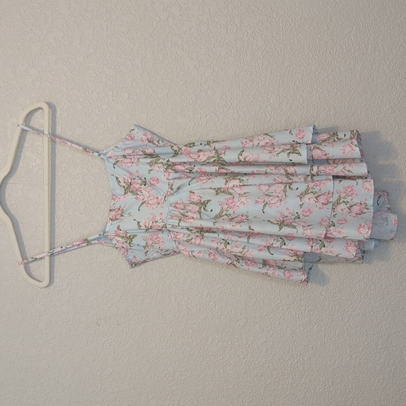 Shein MOD light blue pink ditsy floral lace up strapless mini dress - Picture 10 of 12